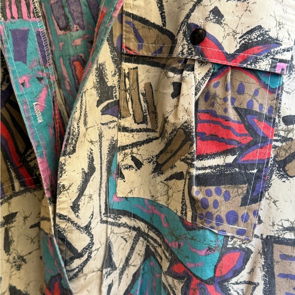 Abstract Print Button-Front Dress in Cream, Teal & Red